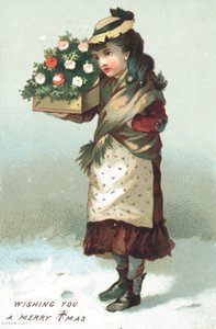 Mädchen geht im Schnee mit Blumenbox, Weihnachtskarte von English School