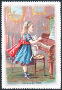 Mädchen mit Katze steht am Klavier, Weihnachtskarte von English School