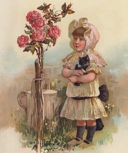 Mädchen mit einer Katze und einem Rosenbaum von English School