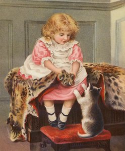 Mädchen mit Leopardenfell und Hauskatze von English School