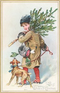 Mädchen mit Hund trägt Weihnachtsbaum, Weihnachtskarte von English School