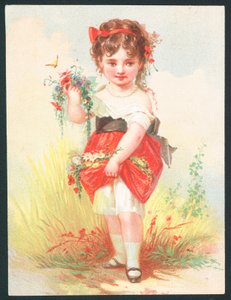 Mädchen mit Blumen und Schmetterling - Viktorianische Grußkarte von English School