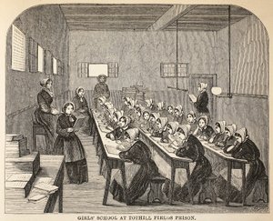 Mädchenschule im Tothill Fields Prison, Illustration aus The Criminal Prisons of London and Scenes from Prison Life von Henry Mayhew und John Binny, veröffentlicht 1862