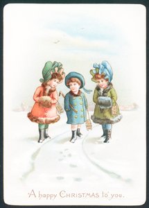 Mädchen gehen im Schnee, Weihnachtskarte von English School