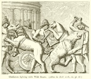 Gladiatoren kämpfen mit wilden Tieren (Atlas du Bull. arch., iii. pl. 37)