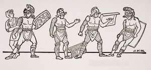 Gladiatoren, aus einer Wandmalerei in Pompeji, Illustration aus The Outline of History von H.G. Wells, Band I, veröffentlicht 1820