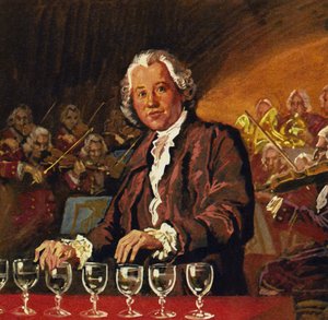 Gluck trat in London bei einem Konzert auf und spielte 26 wassergefüllte Gläser von English School