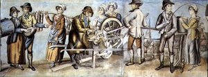 Zum Jahrmarkt gehen, Detail eines Messerschleifers und Handwerker und Frauen, um 1815 (Aquarell mit Gouache auf Papier) von English School