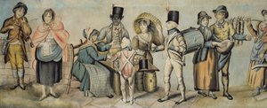 Zum Jahrmarkt gehen, Detail einer musikalischen Familienaufführung und Apfelverkäufer, um 1815 (Aquarell und Gouache auf Papier) von English School
