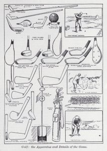 Golf, die Ausrüstung und Details des Spiels (Lithografie) von English School