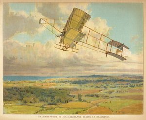 Grahame-White in seinem Flugzeug fliegend in Blackpool, aus dem 