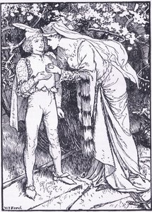 Guenevere schickt ihren Pagen zu Lancelot um Hilfe, Illustration aus 
