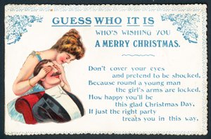 Wer ist es? Dame neckt Mann! Weihnachtskarte von English School
