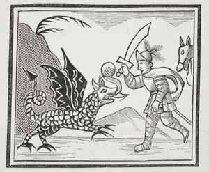 Guy und der Northumbrianische Drache, Illustration aus Chap-books des achtzehnten Jahrhunderts von John Ashton, veröffentlicht 1882 von English School