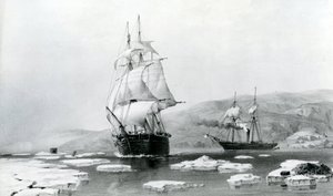 HMS Assistance und Pioneer brechen 1854 aus den Winterquartieren aus (Lithographie) von English School