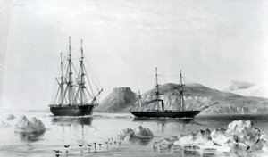 HMS Assistance im Schlepptau von Pioneer passiert John Harrow Mount, North Wellington Channel im Jahr 1853 von English School