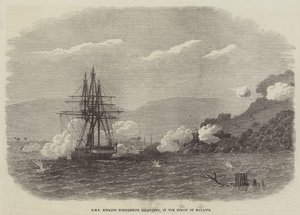 HMS Rinaldo bombardiert Salangore in der Straße von Malakka (Gravur) von English School