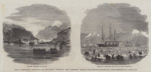 HMS "Termagant" eskortiert die Kanonenboote "Grappler" und "Forward" durch die Magellanstraße (Stich)