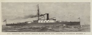 HMS "Trafalgar", das größte Panzerschiff der britischen Marine, in Portsmouth am 20. September vom Stapel gelaufen (Stich)