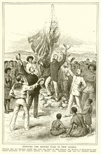 H. M. Chester, Magistrat von Queensland beim Hissen der britischen Flagge in Neuguinea, März 1883 von English School