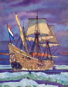 Halve Maen, oder Half Moon, Henry Hudson (Farblithographie) von English School