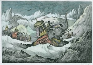 Hannibal (247-ca.183 v. Chr.) und seine Kriegselefanten überqueren die Alpen (spätere Kolorierung)
