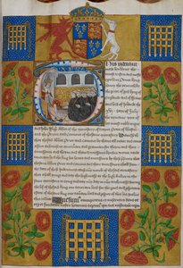 Harley 1498, f.1 Heinrich VII. überreicht die Urkunde an John Islip, Abt der Westminster Abbey, Urkunden der Westminster Abbey (Pergament) von English School