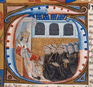 Historiated Initial zeigt König Heinrich VII., der das Buch erhält, Illustration aus 