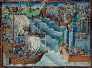Christliche Flotte greift den Hafen von Gaeta in Italien an, gehalten von den Türken, aus Die drei Königssöhne, c.1500 von English School