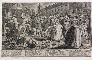 Er und seine betrunkenen Gefährten verursachen einen Aufruhr im Covent Garden, 1735 von English School