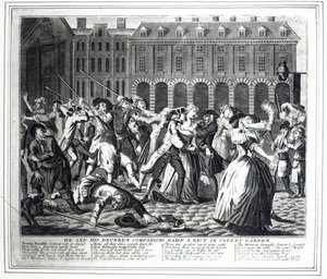Er und seine betrunkenen Gefährten verursachen einen Aufruhr im Covent Garden, aus einer raubkopierten Serie basierend auf Hogarths 