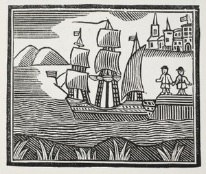 Er sticht in See auf seiner ereignisreichen Reise, Illustration aus Chap-books des achtzehnten Jahrhunderts von John Ashton, veröffentlicht 1882