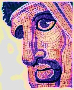 Kopf in Mosaik, aus Die Schlacht von Issus, Illustration aus Historischer Schmuck von James Ward, veröffentlicht 1897 (digital verbessert) von English School