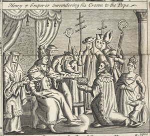 Heinrich IV. Kaiser übergibt seine Krone dem Papst, Illustration aus Acts and Monuments von John Foxe, neunte Ausgabe, veröffentlicht 1684