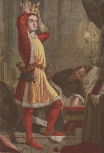Heinrich, Prinz von Wales, der zukünftige König Heinrich V., probiert die Krone seines Vaters an von English School