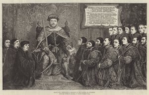 Heinrich VIII. überreicht eine Charta an das College of Surgeons (Stich)