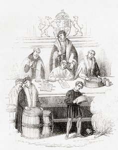 Heinrich VII. prüft Gewichte und Maße im Schatzamt im Jahr 1497, aus Old England: A Pictorial Museum, veröffentlicht 1847 von English School