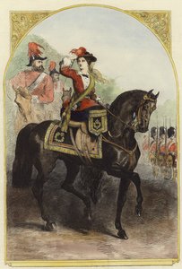 Ihre Majestät in ihrem neuen Militärkostüm im Lager von English School
