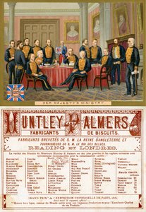 Das Ministerium Ihrer Majestät, Vorder- und Rückseite einer Werbekarte für Huntley & Palmers Biscuits, produziert für den französischen Markt ca. 1890 von English School