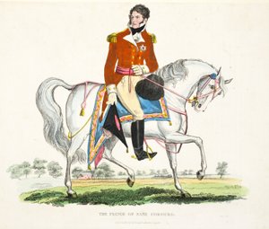 Seine Königliche Hoheit, der Prinzregent von Großbritannien, veröffentlicht von Richard Evans, graviert von Romney, Illustration aus An Historical Account of the Battle of Waterloo von William Mudford, 1816