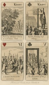 Historische Spielkarten, die die Geschichte von König Karl II. erzählen von English School