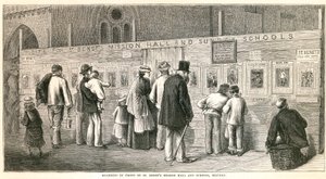 Plakatwand vor der St Benets Missionshalle und Schulen, Stepney
