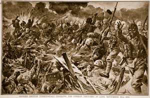 Vermummte britische Territorialtruppen stürmen die deutschen Schützengräben bei Loos, 25. September 1915, 1914-19 von English School
