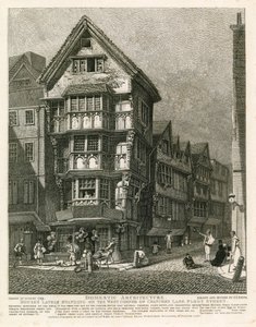 Häuser, die kürzlich an der westlichen Ecke der Chancery Lane, Fleet Street, London, standen von English School