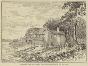 Unterbringung der Oxford- und Cambridge-Boote, das Bootshaus des Grove Park Ruderclubs (Gravur) von English School