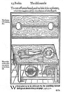 Wie man seinen Kopf abschneidet und auf eine Platte legt, 1584 (Holzschnitt) von English School