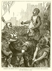 Hubert de Burgh drängt die Besatzung von Dover, die Landung der Franzosen zu verhindern, 1217 von English School