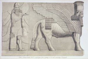 Menschlicher Stierkopf und geflügelte Figur von einem Tor an der Mauer um Koujunjik, Tafel 3 aus Ninive und seine Überreste von Austen Henry Layard (1817-94) veröffentlicht 1849