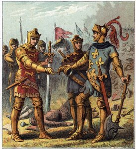 Hundertjähriger Krieg: Schlacht von Poitiers (1356). Der König von Frankreich, Johann II. der Gute (1319-1364), erkannte seine Niederlage an und ging zu Edward Plantagenet von England (Edward von Woodstock Brackembury)