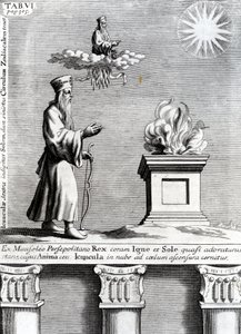 Illustration von Zoroaster, der Feuer und die Sonne anbetet, 1697 von English School